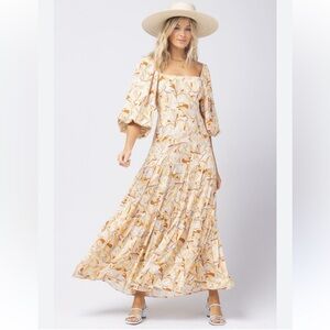 L*Space Bahia Balloon Sleeve Bohemian Cream & Orange Floral Tiered Maxi Dress XS